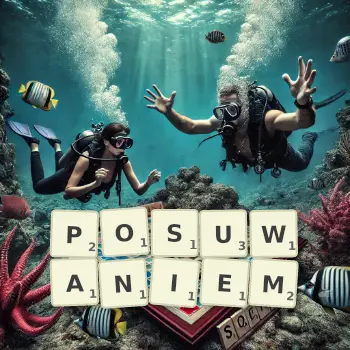 Kreatywna ilustracja do gry w Scrabble ze słowem POSUWANIEM ułożonym z płytek na planszy.
