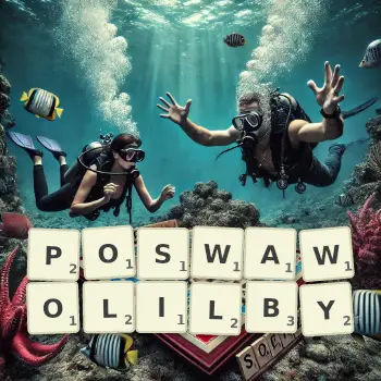 Kreatywna ilustracja do gry w Scrabble ze słowem POSWAWOLILBY ułożonym z płytek na planszy.
