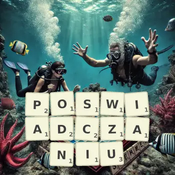 Kreatywna ilustracja do gry w Scrabble ze słowem POSWIADCZANIU ułożonym z płytek na planszy.