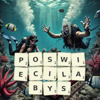 Kreatywna ilustracja do gry w Scrabble ze słowem POSWIECILABYS ułożonym z płytek na planszy.
