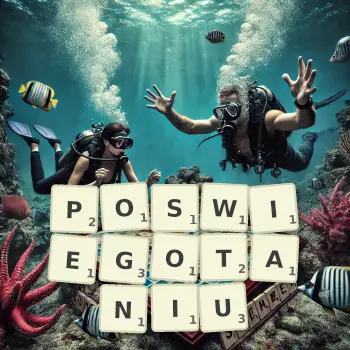 Kreatywna ilustracja do gry w Scrabble ze słowem POSWIEGOTANIU ułożonym z płytek na planszy.