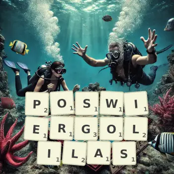Kreatywna ilustracja do gry w Scrabble ze słowem POSWIERGOLILAS ułożonym z płytek na planszy.
