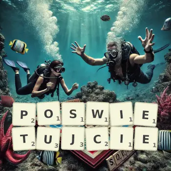 Kreatywna ilustracja do gry w Scrabble ze słowem POSWIETUJCIE ułożonym z płytek na planszy.