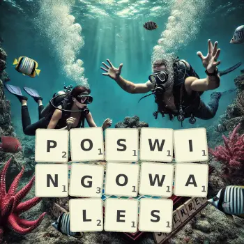 Kreatywna ilustracja do gry w Scrabble ze słowem POSWINGOWALES ułożonym z płytek na planszy.