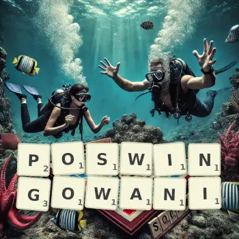Kreatywna ilustracja do gry w Scrabble ze słowem POSWINGOWANI ułożonym z płytek na planszy.