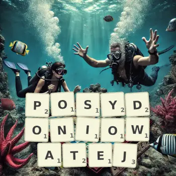 Kreatywna ilustracja do gry w Scrabble ze słowem POSYDONIOWATEJ ułożonym z płytek na planszy.