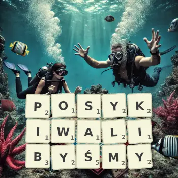 Kreatywna ilustracja do gry w Scrabble ze słowem POSYKIWALIBYŚMY ułożonym z płytek na planszy.
