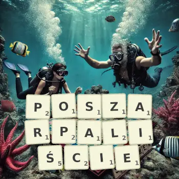 Kreatywna ilustracja do gry w Scrabble ze słowem POSZARPALIŚCIE ułożonym z płytek na planszy.
