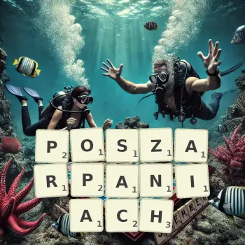 Kreatywna ilustracja do gry w Scrabble ze słowem POSZARPANIACH ułożonym z płytek na planszy.