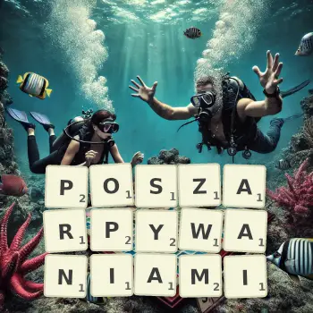 Kreatywna ilustracja do gry w Scrabble ze słowem POSZARPYWANIAMI ułożonym z płytek na planszy.
