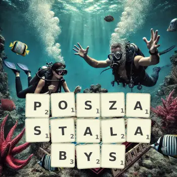 Kreatywna ilustracja do gry w Scrabble ze słowem POSZASTALABYS ułożonym z płytek na planszy.