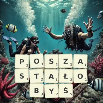 Kreatywna ilustracja do gry w Scrabble ze słowem POSZASTAŁOBYŚ ułożonym z płytek na planszy.