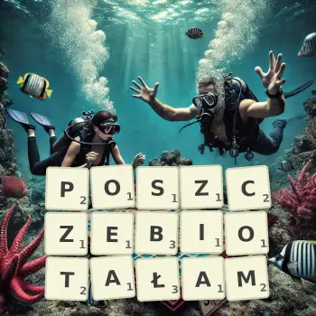 Kreatywna ilustracja do gry w Scrabble ze słowem POSZCZEBIOTAŁAM ułożonym z płytek na planszy.