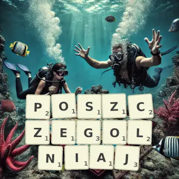 Kreatywna ilustracja do gry w Scrabble ze słowem POSZCZEGOLNIAJ ułożonym z płytek na planszy.