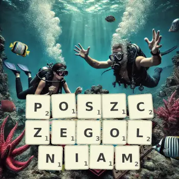 Kreatywna ilustracja do gry w Scrabble ze słowem POSZCZEGOLNIAM ułożonym z płytek na planszy.