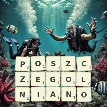 Kreatywna ilustracja do gry w Scrabble ze słowem POSZCZEGOLNIANO ułożonym z płytek na planszy.