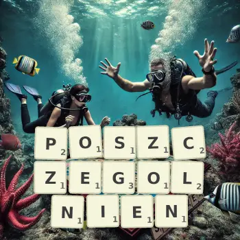 Kreatywna ilustracja do gry w Scrabble ze słowem POSZCZEGOLNIEN ułożonym z płytek na planszy.