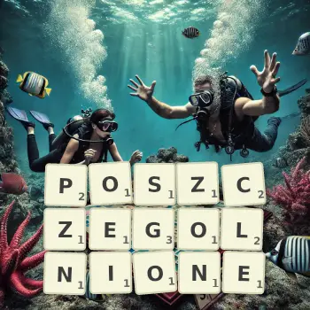 Kreatywna ilustracja do gry w Scrabble ze słowem POSZCZEGOLNIONE ułożonym z płytek na planszy.
