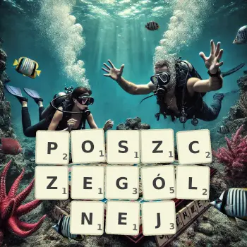 Kreatywna ilustracja do gry w Scrabble ze słowem POSZCZEGÓLNEJ ułożonym z płytek na planszy.