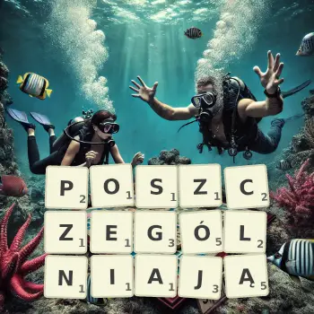 Kreatywna ilustracja do gry w Scrabble ze słowem POSZCZEGÓLNIAJĄ ułożonym z płytek na planszy.