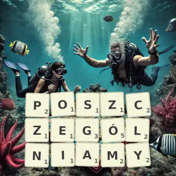 Kreatywna ilustracja do gry w Scrabble ze słowem POSZCZEGÓLNIAMY ułożonym z płytek na planszy.