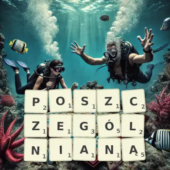Kreatywna ilustracja do gry w Scrabble ze słowem POSZCZEGÓLNIANĄ ułożonym z płytek na planszy.