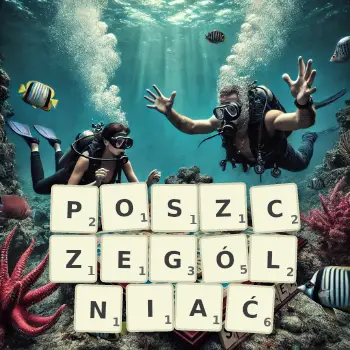 Kreatywna ilustracja do gry w Scrabble ze słowem POSZCZEGÓLNIAĆ ułożonym z płytek na planszy.