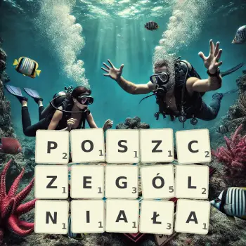 Kreatywna ilustracja do gry w Scrabble ze słowem POSZCZEGÓLNIAŁA ułożonym z płytek na planszy.