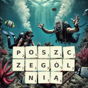 Kreatywna ilustracja do gry w Scrabble ze słowem POSZCZEGÓLNIĄ ułożonym z płytek na planszy.