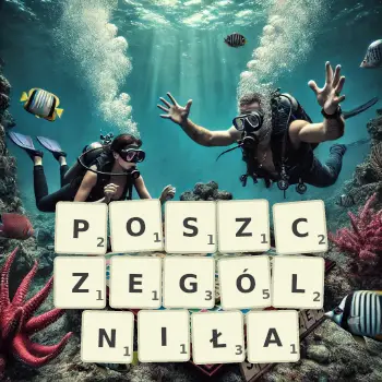 Kreatywna ilustracja do gry w Scrabble ze słowem POSZCZEGÓLNIŁA ułożonym z płytek na planszy.
