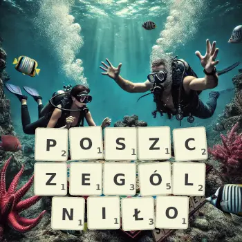 Kreatywna ilustracja do gry w Scrabble ze słowem POSZCZEGÓLNIŁO ułożonym z płytek na planszy.