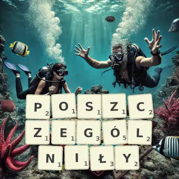 Kreatywna ilustracja do gry w Scrabble ze słowem POSZCZEGÓLNIŁY ułożonym z płytek na planszy.