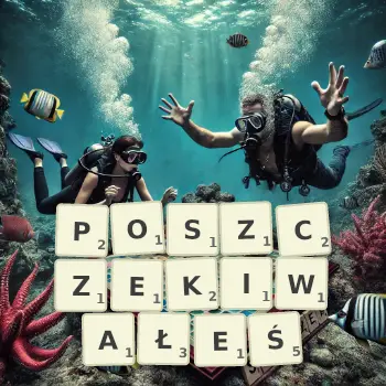 Kreatywna ilustracja do gry w Scrabble ze słowem POSZCZEKIWAŁEŚ ułożonym z płytek na planszy.