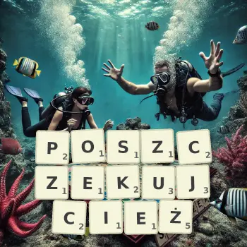 Kreatywna ilustracja do gry w Scrabble ze słowem POSZCZEKUJCIEŻ ułożonym z płytek na planszy.