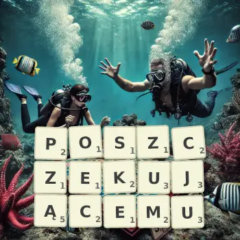 Kreatywna ilustracja do gry w Scrabble ze słowem POSZCZEKUJĄCEMU ułożonym z płytek na planszy.