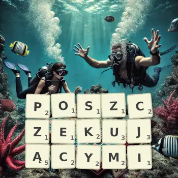 Kreatywna ilustracja do gry w Scrabble ze słowem POSZCZEKUJĄCYMI ułożonym z płytek na planszy.