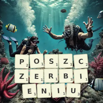 Kreatywna ilustracja do gry w Scrabble ze słowem POSZCZERBIENIU ułożonym z płytek na planszy.