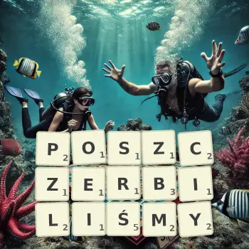 Kreatywna ilustracja do gry w Scrabble ze słowem POSZCZERBILIŚMY ułożonym z płytek na planszy.