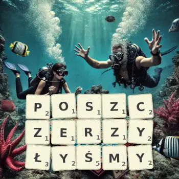 Kreatywna ilustracja do gry w Scrabble ze słowem POSZCZERZYŁYŚMY ułożonym z płytek na planszy.