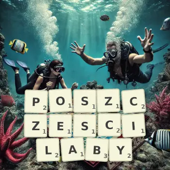 Kreatywna ilustracja do gry w Scrabble ze słowem POSZCZESCILABY ułożonym z płytek na planszy.