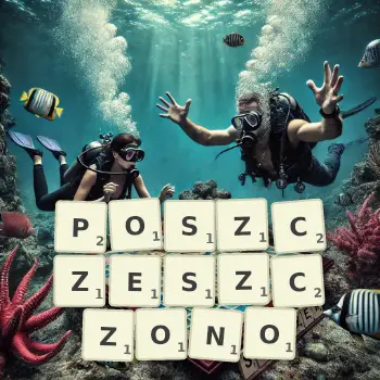 Kreatywna ilustracja do gry w Scrabble ze słowem POSZCZESZCZONO ułożonym z płytek na planszy.