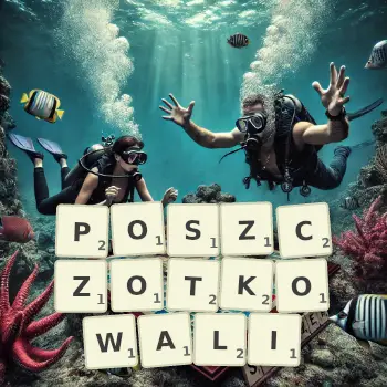 Kreatywna ilustracja do gry w Scrabble ze słowem POSZCZOTKOWALI ułożonym z płytek na planszy.