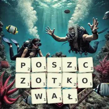 Kreatywna ilustracja do gry w Scrabble ze słowem POSZCZOTKOWAŁ ułożonym z płytek na planszy.
