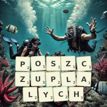 Kreatywna ilustracja do gry w Scrabble ze słowem POSZCZUPLALYCH ułożonym z płytek na planszy.