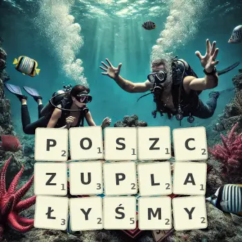 Kreatywna ilustracja do gry w Scrabble ze słowem POSZCZUPLAŁYŚMY ułożonym z płytek na planszy.
