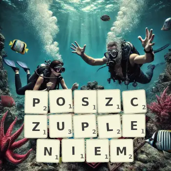 Kreatywna ilustracja do gry w Scrabble ze słowem POSZCZUPLENIEM ułożonym z płytek na planszy.