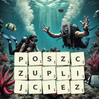 Kreatywna ilustracja do gry w Scrabble ze słowem POSZCZUPLIJCIEZ ułożonym z płytek na planszy.
