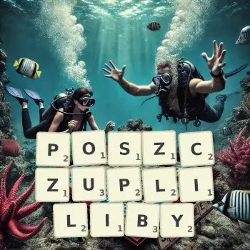 Kreatywna ilustracja do gry w Scrabble ze słowem POSZCZUPLILIBY ułożonym z płytek na planszy.
