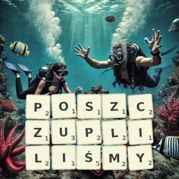 Kreatywna ilustracja do gry w Scrabble ze słowem POSZCZUPLILIŚMY ułożonym z płytek na planszy.