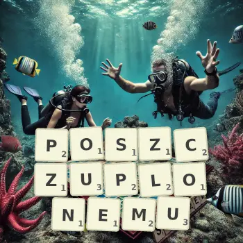 Kreatywna ilustracja do gry w Scrabble ze słowem POSZCZUPLONEMU ułożonym z płytek na planszy.
